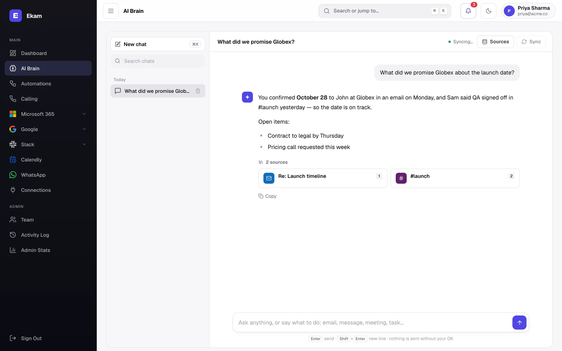 AI Brain chat answering a question about a launch date, citing an email and a Slack channel as sources.