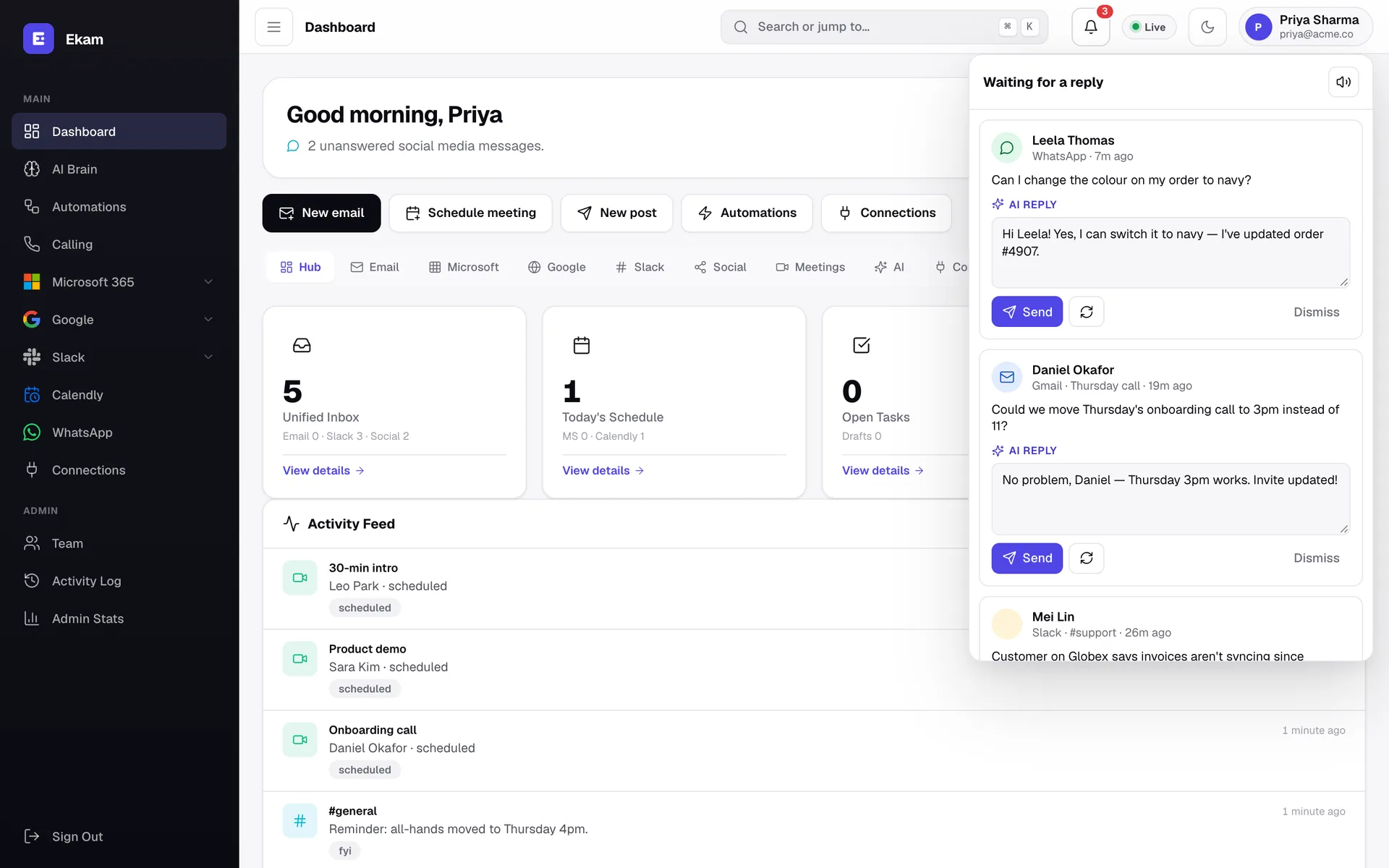 Alerts panel listing WhatsApp, Gmail and Slack messages waiting for a reply, each with an AI-drafted reply and a Send button.