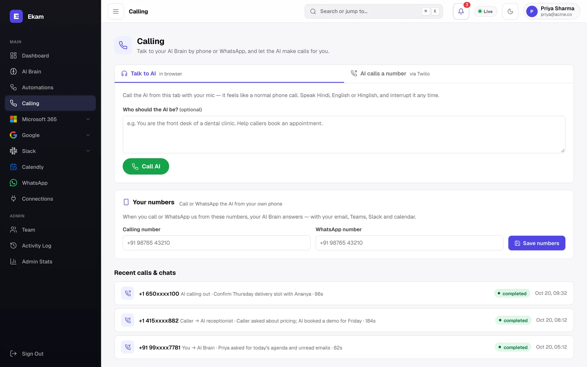 Calling page with a Talk to AI panel, your phone numbers and a list of recent completed calls.