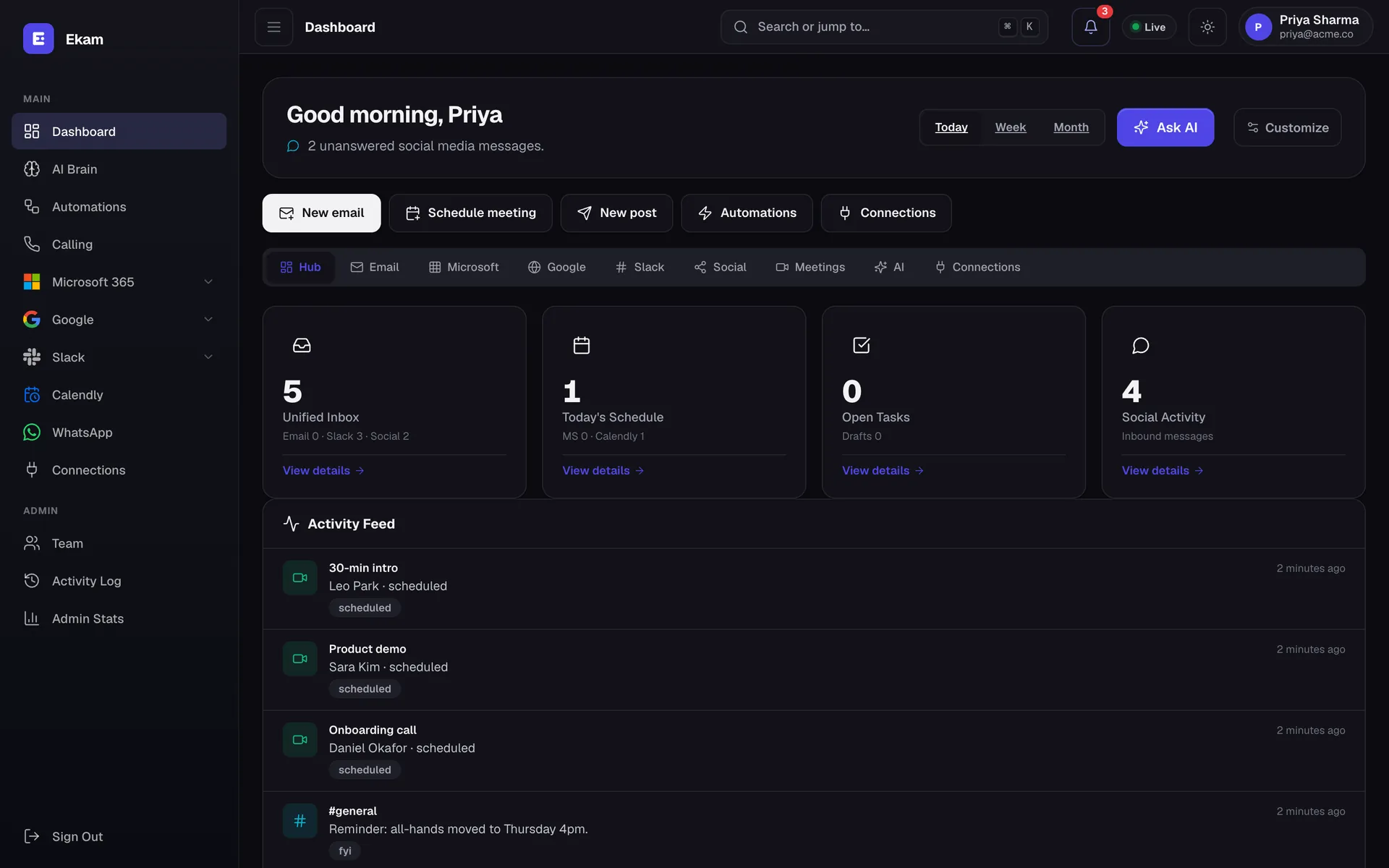 Ekam dashboard in dark mode.