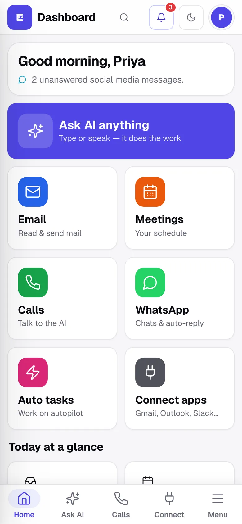 Ekam on a phone: greeting, Ask AI button and tiles for Email, Meetings, Calls, WhatsApp, Auto tasks and Connect apps.