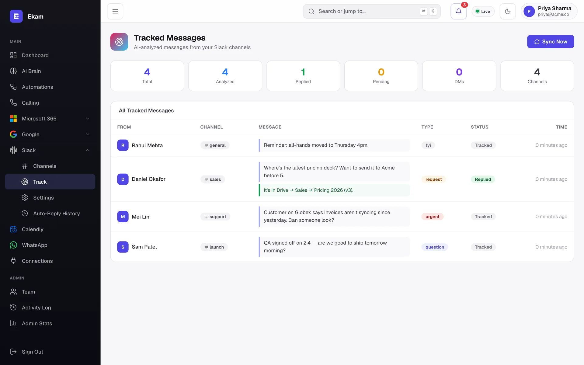 Screenshot of the Ekam AI replies screen