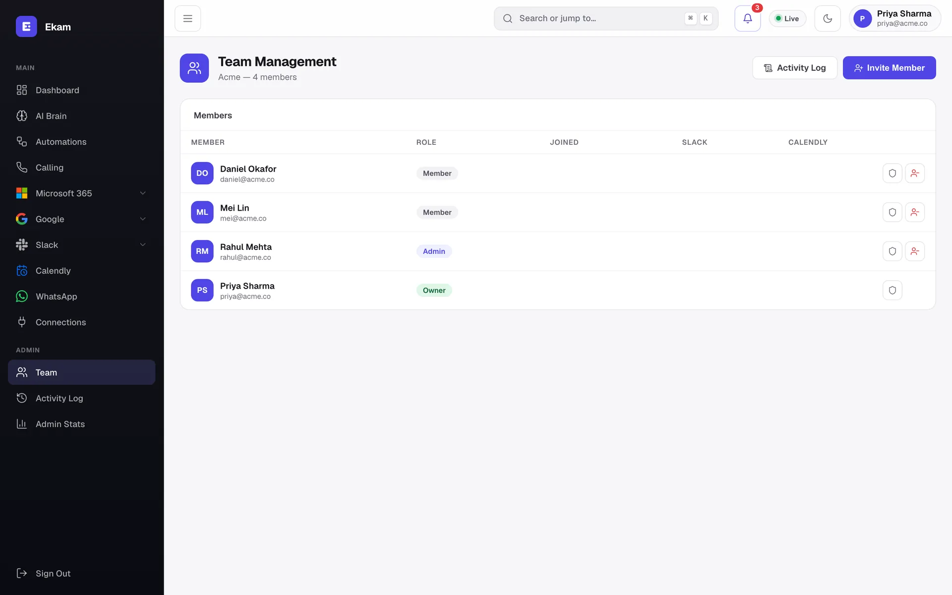 Screenshot of the Ekam Team & control screen