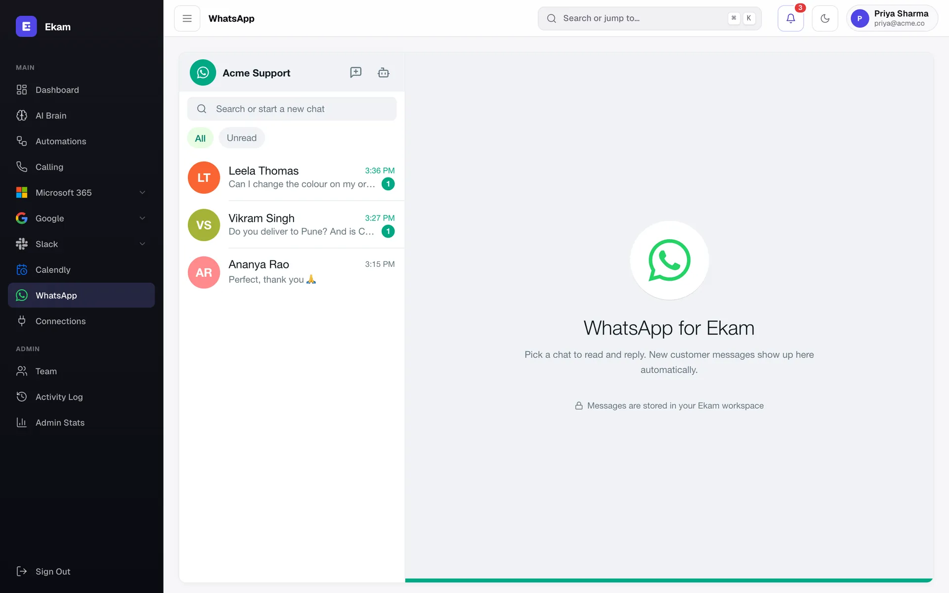 WhatsApp inbox in Ekam showing customer chats with unread badges.